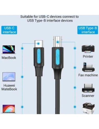 Cable USB 2.0 Impresora Vention CQUBF/ USB Tipo-B Macho - USB Tipo-C Macho/ 480Mbps/ 1m/ Negro