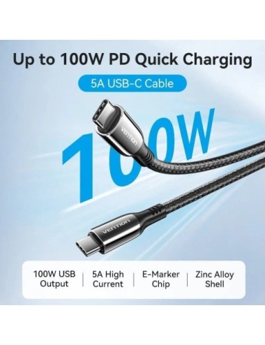 Cable USB 2.0 Tipo-C 5A 100W Vention CTKBH/ USB Tipo-C Macho - USB Tipo-C Macho/ Hasta 100W/ 480Mbps/ 2m/ Negro