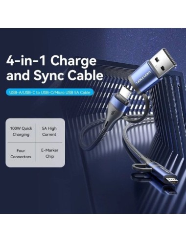 Cable USB 2.0 Tipo-C Vention CTLLF/ USB Tipo-C Macho - USB Macho/ MicroUSB Macho - USB Tipo-C Macho/ Hasta 100W/ 480Mbps/ 1m/ Ne
