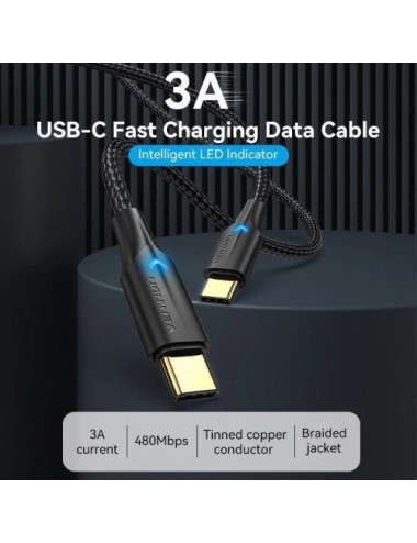 Cable USB 2.0 Tipo-C 3A Vention TAUBI/ USB Tipo-C Macho - USB Tipo-C Macho/ 480Mbps/ 3m/ Negro
