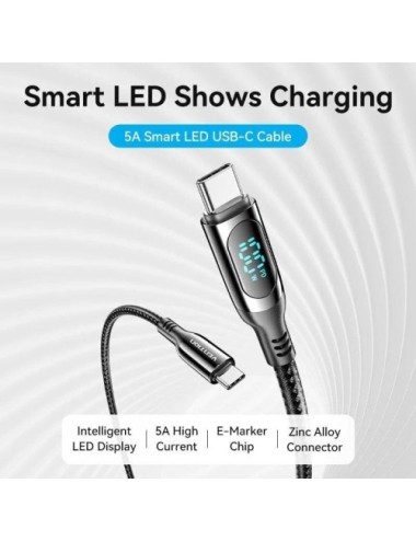 Cable USB 2.0 Tipo-C 5A 100W Vention TAYBAV/ USB Tipo-C Macho - USB Tipo-C Macho/ Hasta 100W/ 480Mbps/ 1.2m/ con Pantalla LED/ N