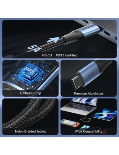 Cable USB 2.0 Tipo-C 5A Vention TREBF/ USB Tipo-C Macho - USB Tipo-C Macho/ Hasta 240W/ 480Mbps/ 1m/ Azul y Negro