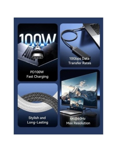 Cable USB 3.2 Tipo-C 5A Vention TRGBH/ USB Tipo-C Macho - USB Tipo-C Macho/ Hasta 100W/ 10Gbps/ 2m/ Negro