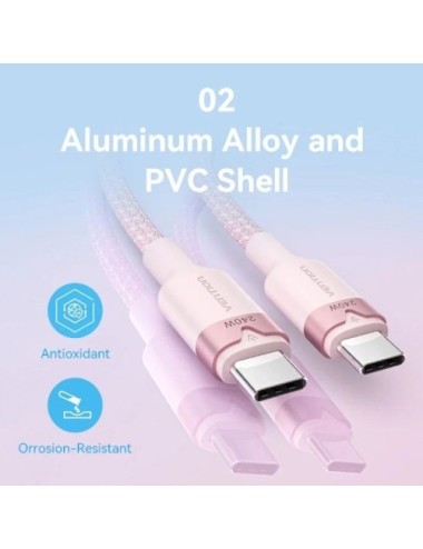 Cable USB 2.0 Tipo-C 5A Vention TRIPF/ USB Tipo-C Macho - USB Tipo-C Macho/ Hasta 240W/ 480Mbps/ 1m/ Rosa