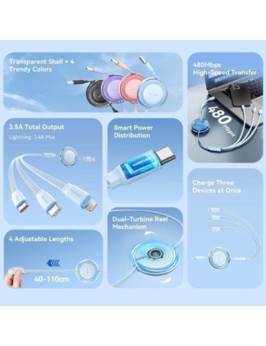 Cable USB Retráctil Vention TRJBBE/ USB Macho - Lightning/ 2xUSB Tipo-C/ Hasta 17.5W/ 10Gbps/ 1.1m/ Negro