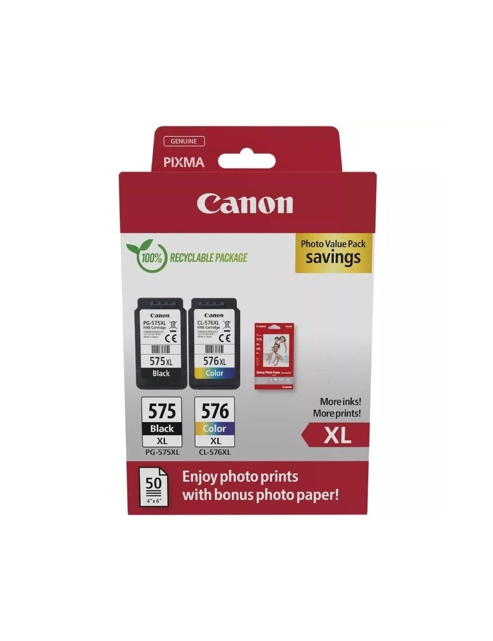 Cartucho de Tinta Original Canon PG-575XL + CL576XL Multipack Alta Capacidad/ Negro/ Tricolor + Papel Fotográfico