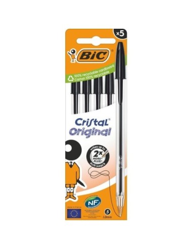 Caja de Bolígrafos de Tinta de Aceite Bic Cristal Original 516345/ 5 unidades/ Negros