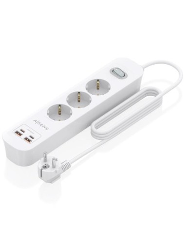 Regleta con Interruptor Aisens ASPS-2A2C10-W/ 3 Tomas de Corriente/ 2 USB - 2 USB Tipo-C/ Cable 1.4m/ Blanco