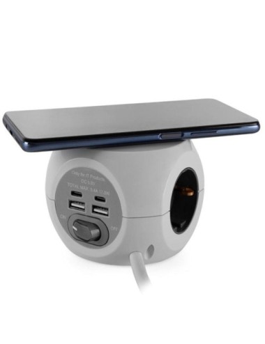 Regleta Orbegozo EN 4500 con Carga inalámbrica/ 3 Tomas de corriente/ 2 USB - 2 USB Tipo C/ Cable 1.5m/ Blanca y Gris