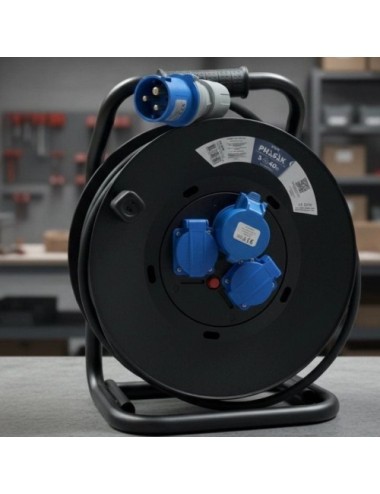 Regleta enrollable Phasak BN 3478/ 2 Tomas de corriente/ 1 Enchufe industrial 2P+TT/ Cable 40m/ Negro y Azul