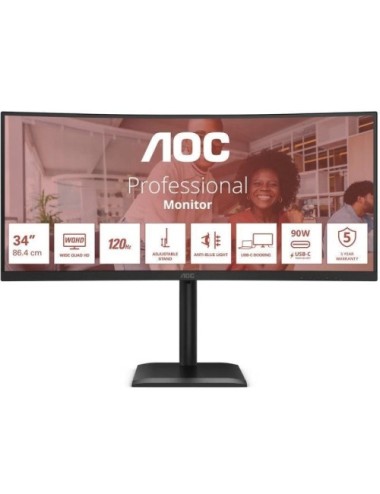 Monitor Profesional Ultrapanorámico Curvo AOC CU34E4CV 34'/ WQHD/ Multimedia/ Regulable en altura/ Negro