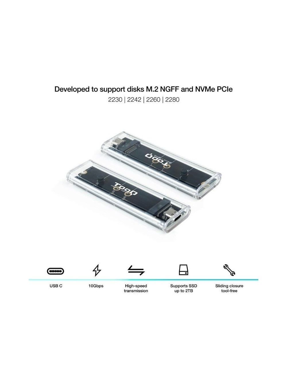 Caja Externa para Disco SSD M.2 NVMe TooQ TQE-2200/ USB 3.1 Gen2/ Sin tornillos