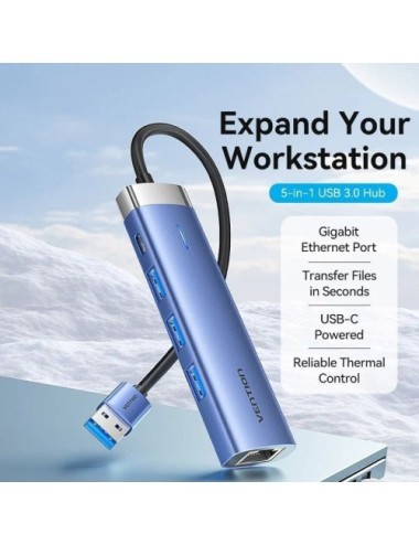 Hub USB 3.0 Vention TGFSB/ 3xUSB/ 1xRJ45/ 1xUSB Tipo-C PD/ Azul