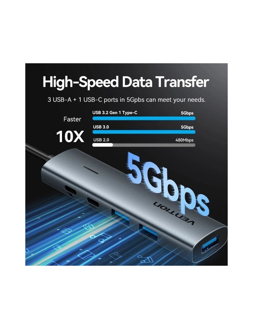 Hub USB 3.0 Vention TGXHB/ 1xUSB Tipo-C/ 3xUSB/ 1xUSB Tipo-C PD/ Gris