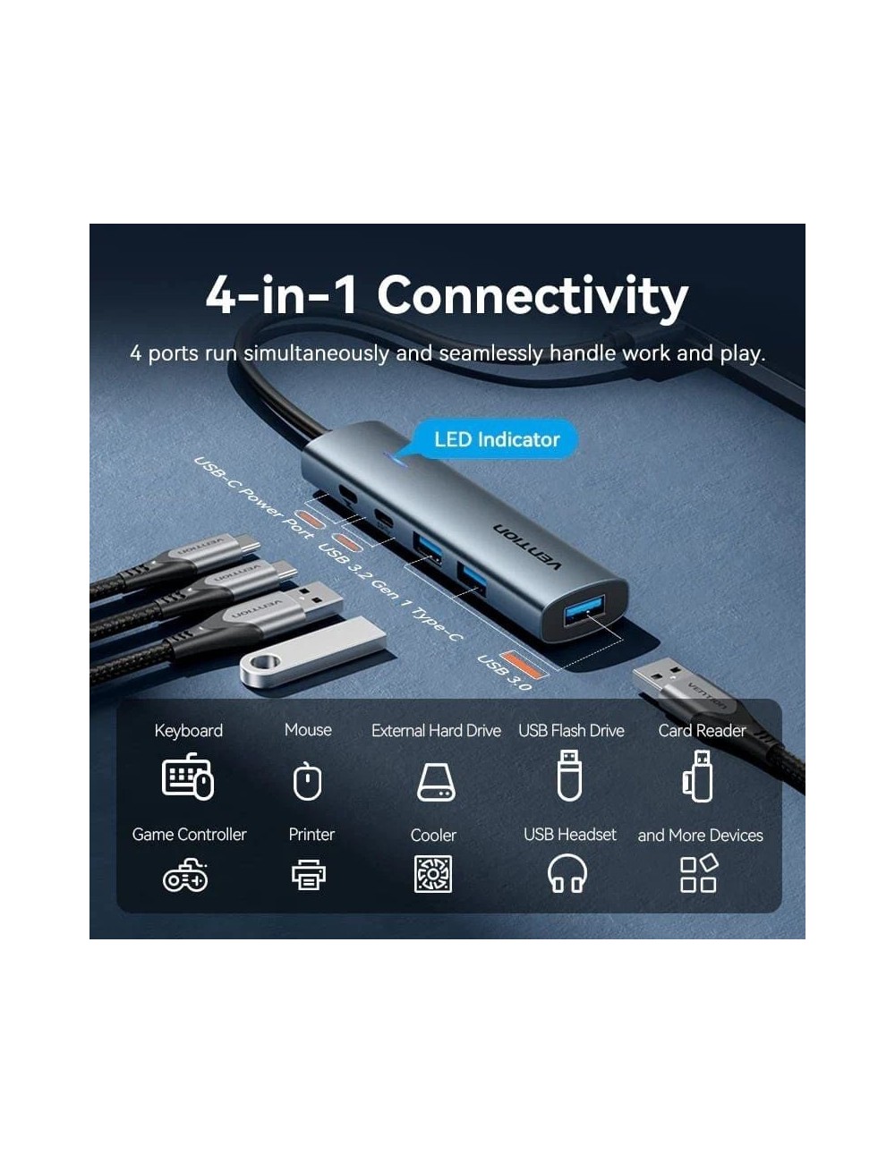 Hub USB 3.0 Vention TGXHB/ 1xUSB Tipo-C/ 3xUSB/ 1xUSB Tipo-C PD/ Gris