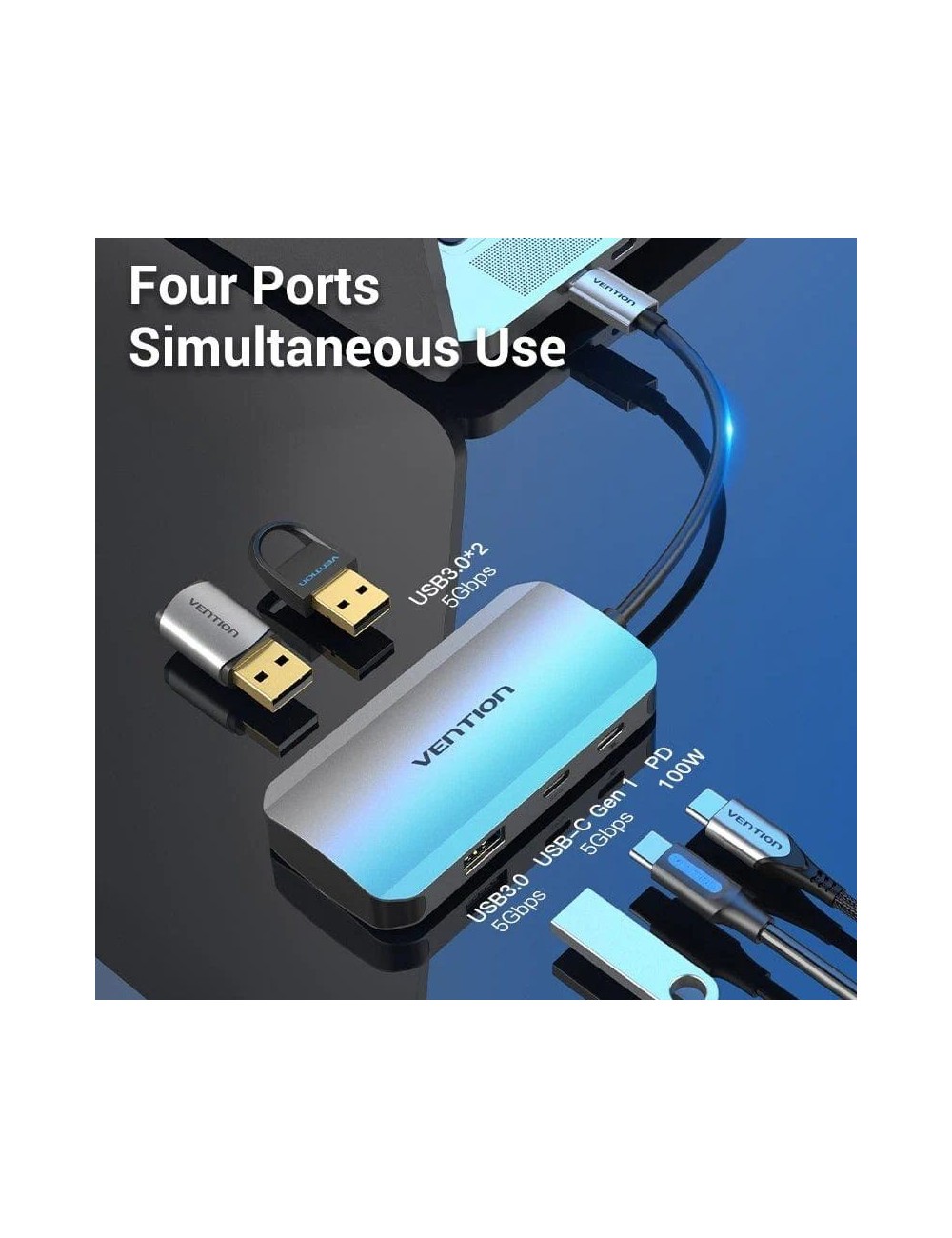 Hub USB Tipo-C Vention TNDHB/ 3xUSB/ 1xUSB Tipo-C/ 1xUSB Tipo-C PD