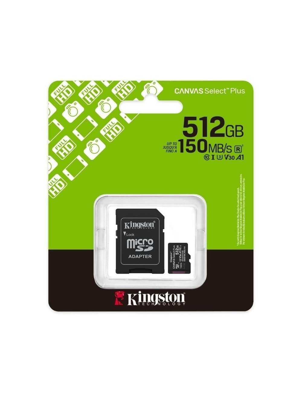 Tarjeta de Memoria Kingston CANVAS Select Plus 512GB microSD XC con Adaptador/ Clase 10/ 150MBs