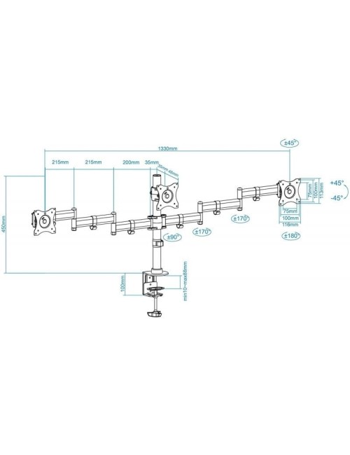 Soporte de Mesa para 3 Monitores TooQ DB1327TN-B/ Giratorio/ Inclinable/ hasta 8kg