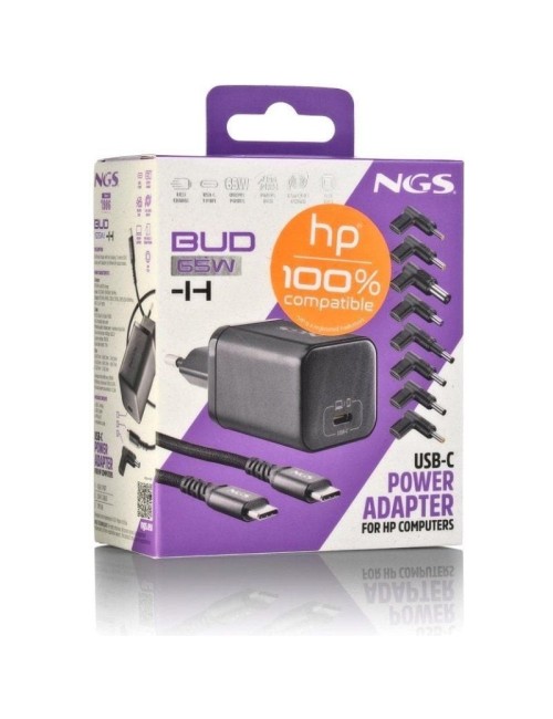 Cargador de Portátil GaN NGS BUD65W-H para HP/ 1xUSB Tipo-C/ 65W/ Automático/ 8 Conectores/ Voltaje 5-20V
