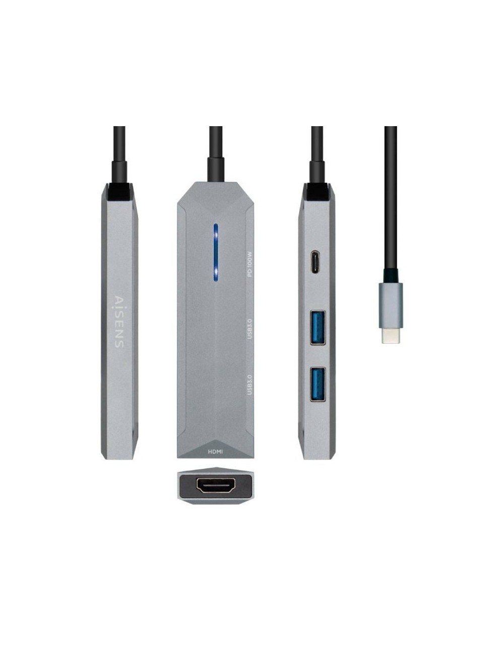 Docking USB Tipo-C Aisens ASUC-4P002-GR/ 1xHDMI 4K/ 2xUSB/ 1xUSB Tipo-C PD/ Gris