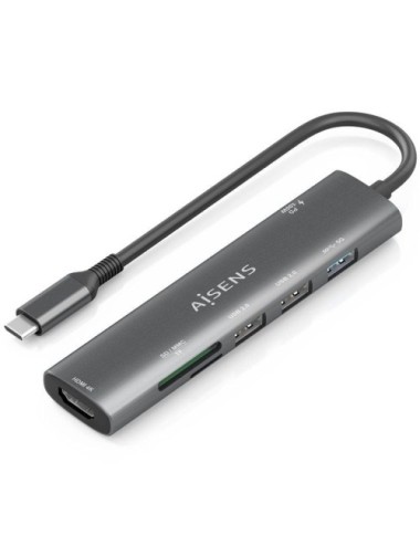 Docking USB Tipo-C Aisens ASUC-7P027-GR/ 1xHDMI 4K/ 3xUSB/ 1xUSB Tipo-C PD/ 1xLector Tarjetas/ Gris