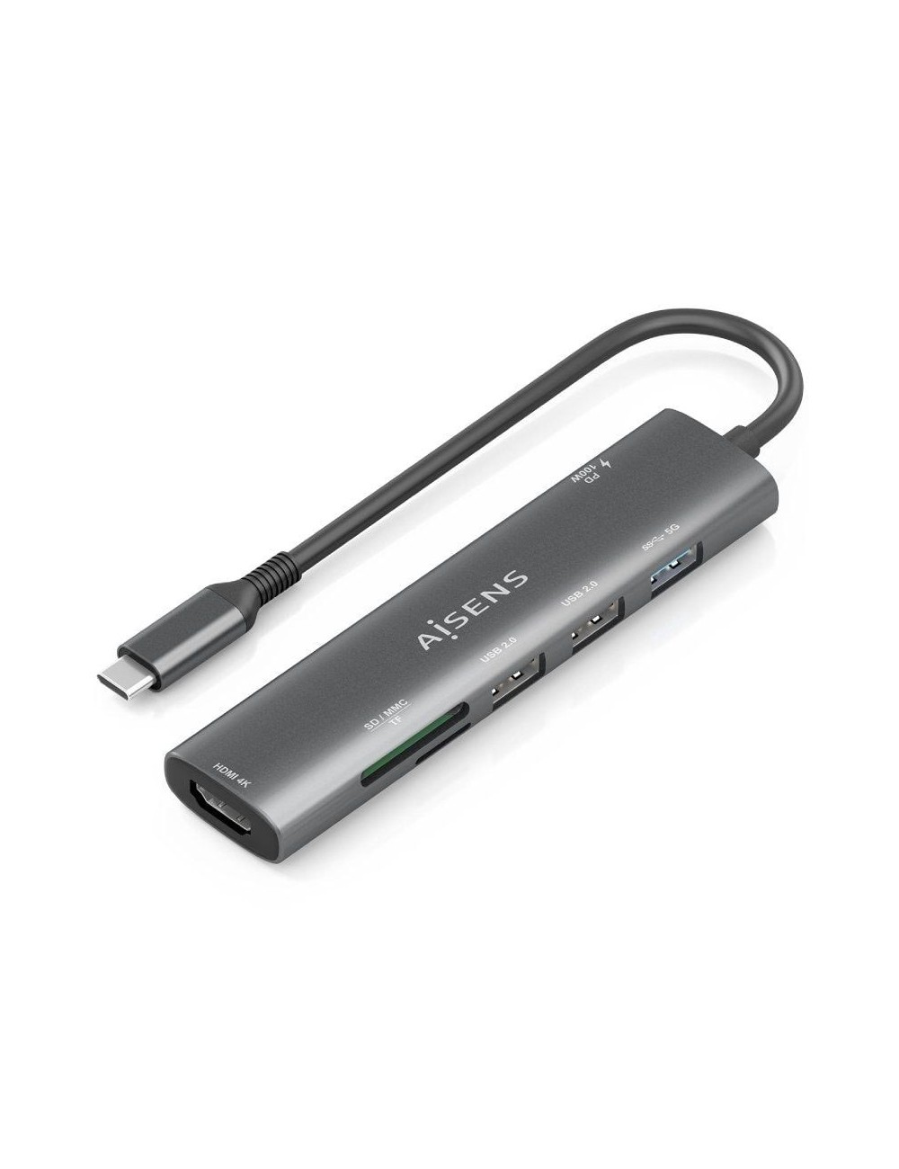 Docking USB Tipo-C Aisens ASUC-7P027-GR/ 1xHDMI 4K/ 3xUSB/ 1xUSB Tipo-C PD/ 1xLector Tarjetas/ Gris