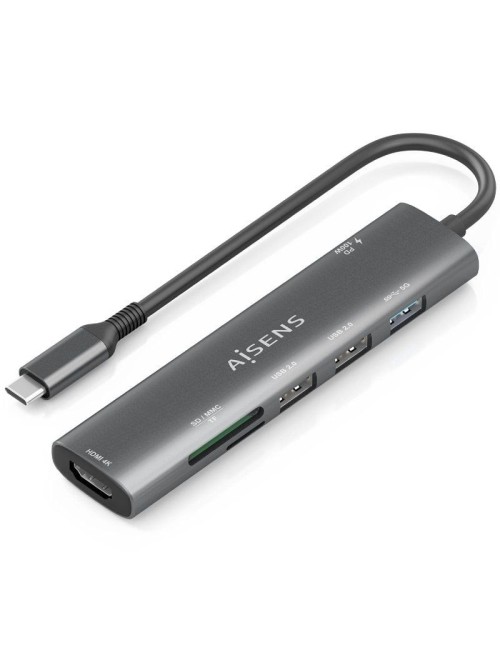 Docking USB Tipo-C Aisens ASUC-7P027-GR/ 1xHDMI 4K/ 3xUSB/ 1xUSB Tipo-C PD/ 1xLector Tarjetas/ Gris