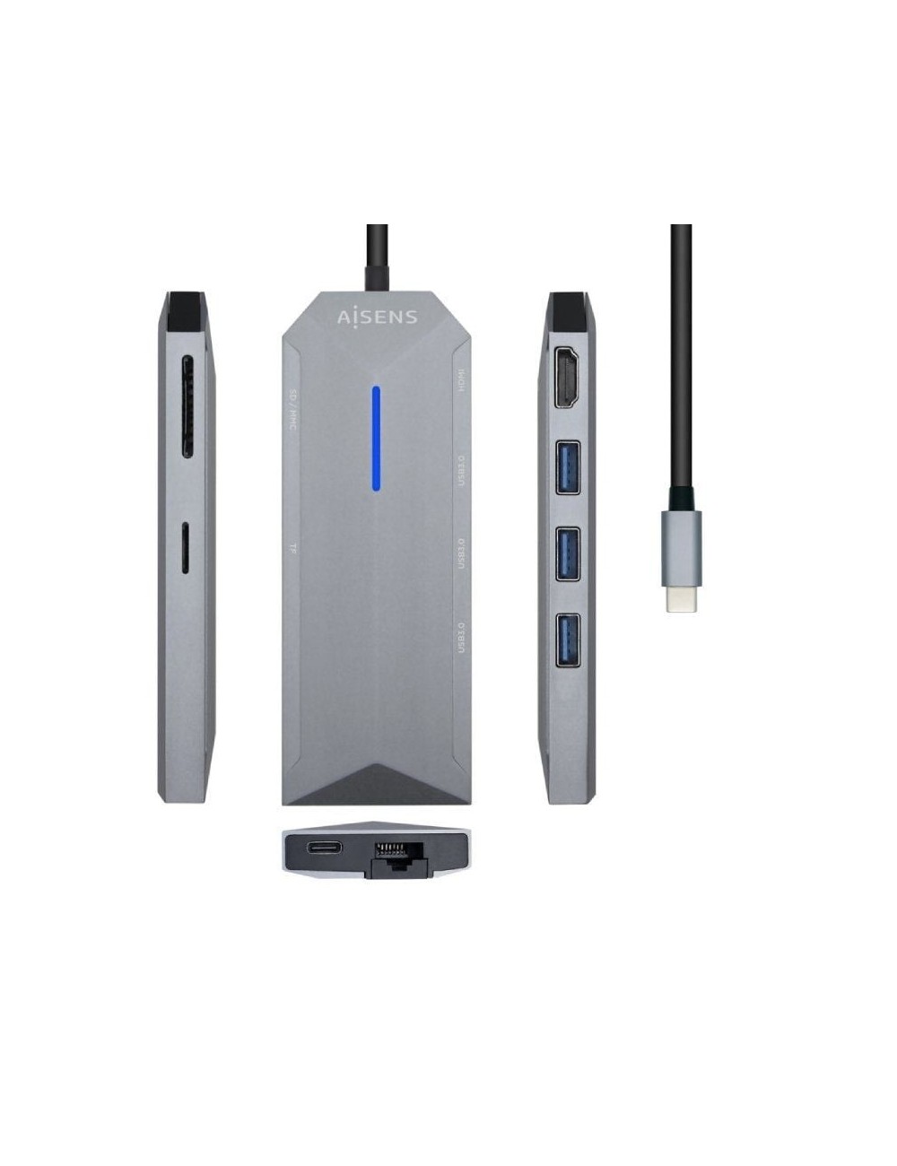 Docking USB Tipo-C Aisens ASUC-8P004-GR/ 1xHDMI 4K/ 3xUSB/ 1xRJ45/ 1xLector Tarjetas / 1xUSB Tipo-C PD/ Gris