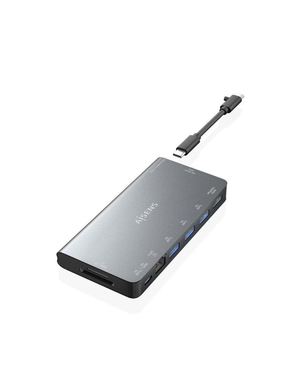 Docking USB Tipo-C Aisens ASUC-8P015-GR/ 1xHDMI 4K/ 3xUSB/ 1xRJ45/ 1xLector Tarjetas / 1xUSB Tipo-C/ Gris