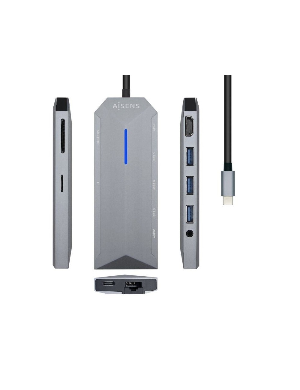 Docking USB Tipo-C Aisens ASUC-9P001-GR/ 1xHDMI 4K/ 3xUSB/ 1xRJ45/ 1xAudio/ 1xLector Tarjetas / 1xUSB Tipo-C PD/ Gris