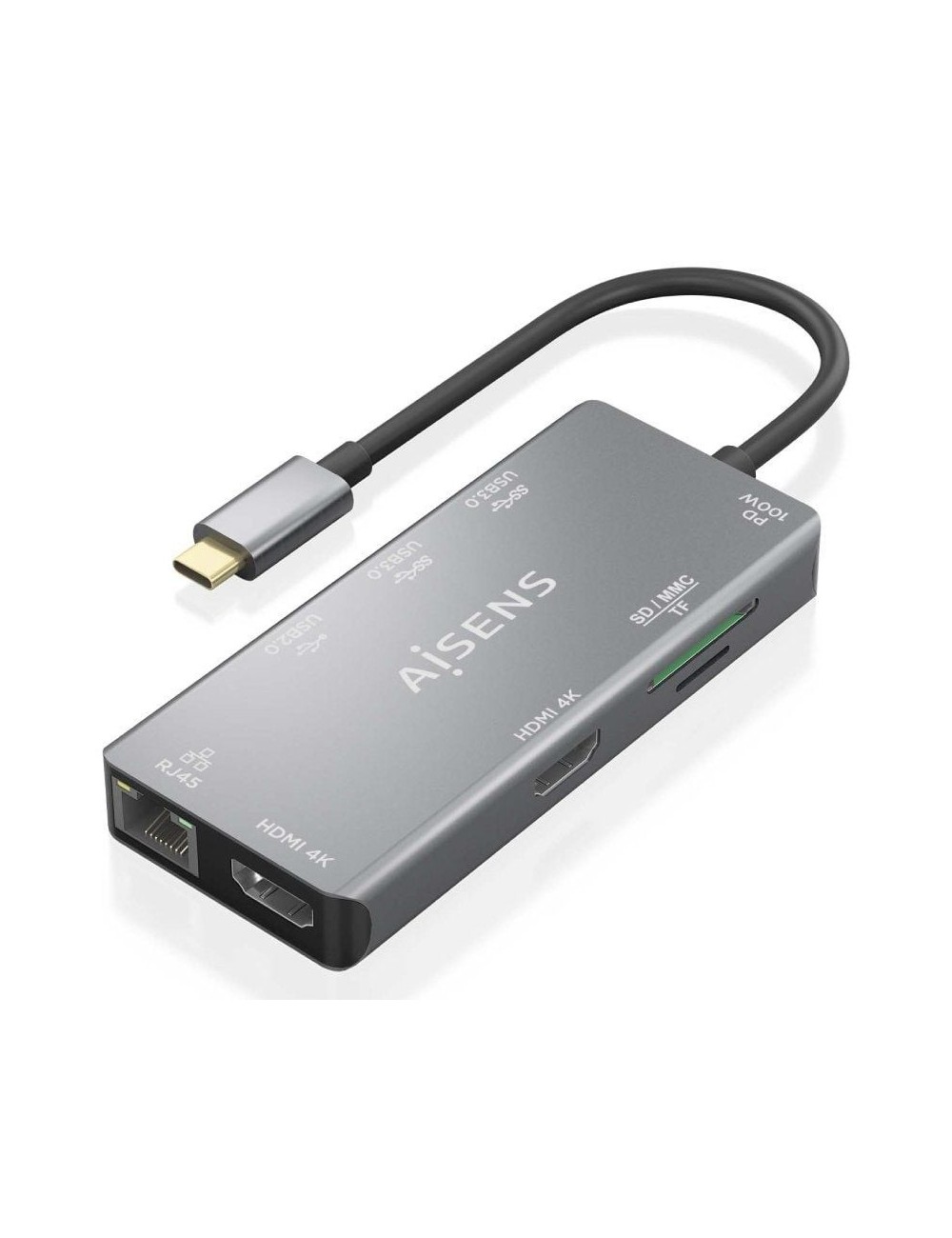 Docking USB Tipo-C Aisens ASUC-9P018-GR/ 2xHDMI 4K/ 3xUSB/ 1xRJ45/ 1xLector Tarjetas/ 1xUSB Tipo-C PD/ Gris