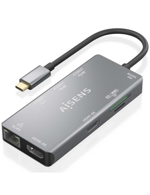 Docking USB Tipo-C Aisens ASUC-9P018-GR/ 2xHDMI 4K/ 3xUSB/ 1xRJ45/ 1xLector Tarjetas/ 1xUSB Tipo-C PD/ Gris