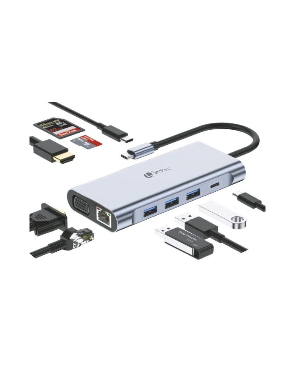 Docking USB Tipo-C Leotec LEDS01/ 3xUSB/ 2xUSB Tipo-C/ 1xUSB Tipo-C PD/ 1xHDMI 4K/ 1xVGA/ 1xRJ45/ 1xAudio/ 1xLector Tarjetas SD 