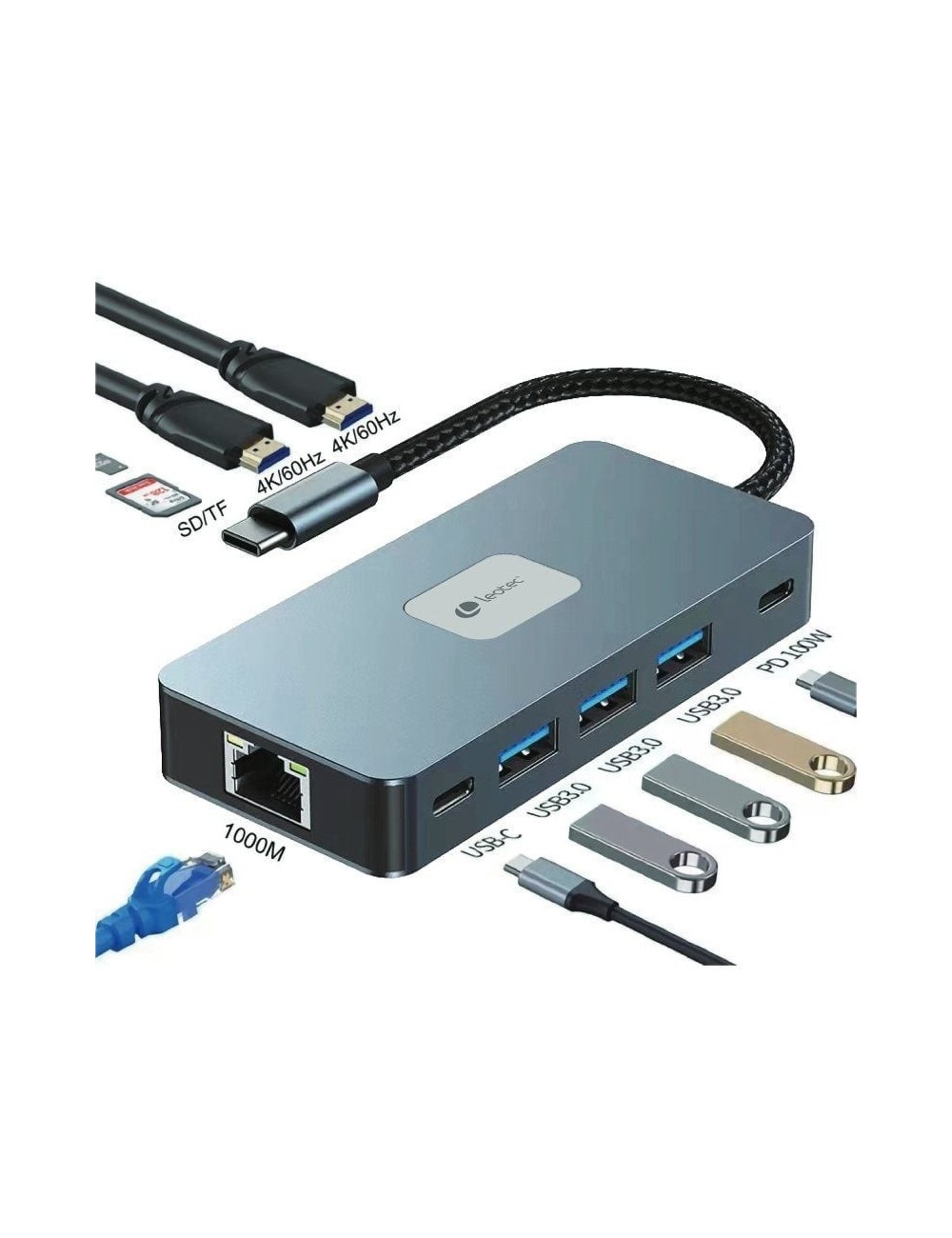 Docking USB Tipo-C Leotec LEDS02/ 3xUSB/ 1xUSB Tipo-C/ 1xUSB Tipo-C PD/ 2xHDMI 4K/ 1xRJ45/ 1xLector Tarjetas SD y MicroSD/ Gris
