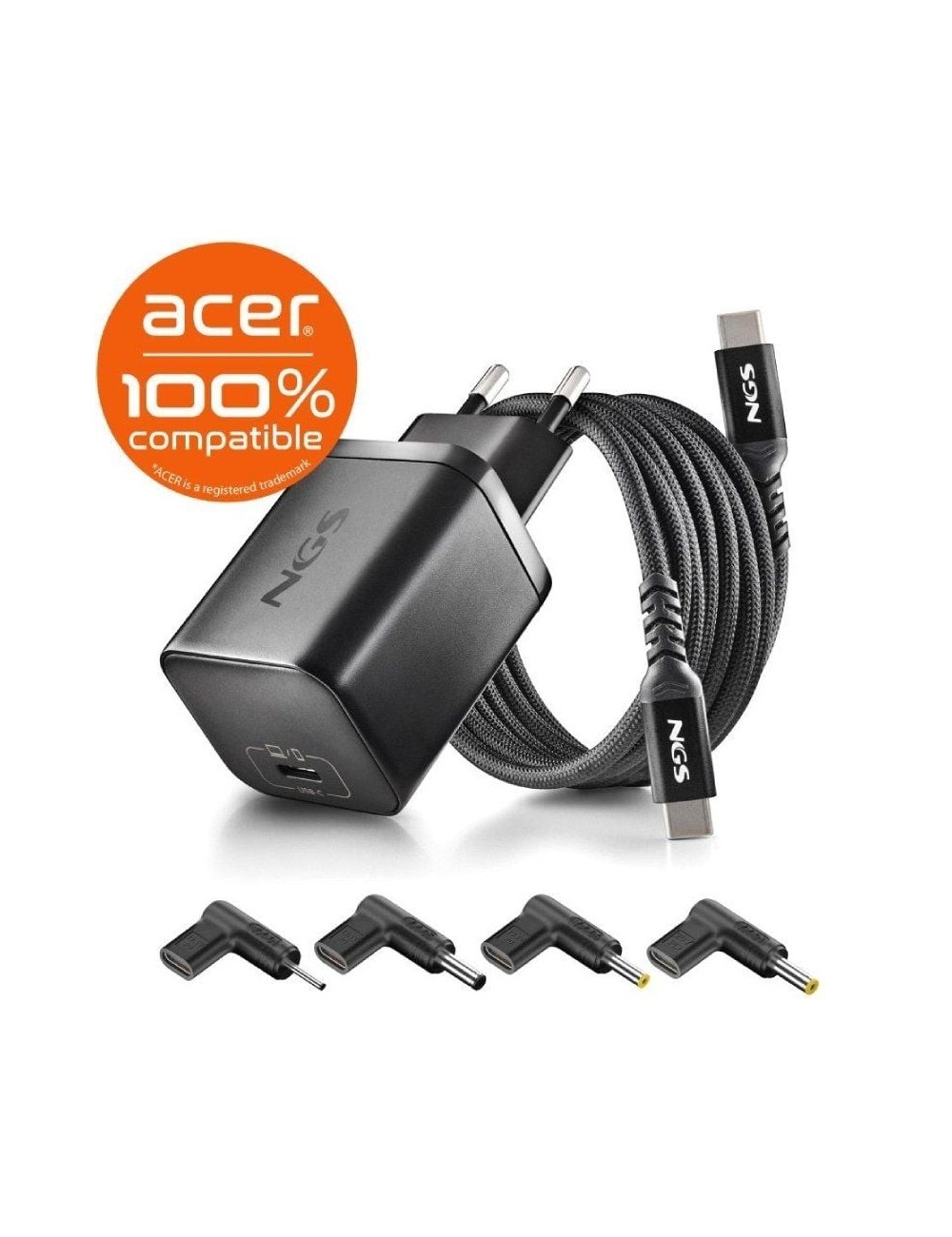 Cargador de Portátil GaN NGS BUD65W-AC para Acer/ 1xUSB Tipo-C/ 65W/ Automático/ 4 Conectores/ Voltaje 5-20V