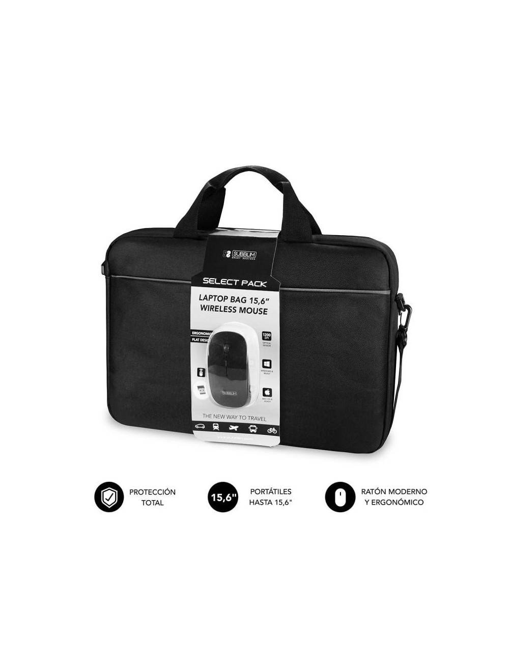 Maletín + Ratón Inalámbrico Subblim Select Pack para Portátiles hasta 15.6'/ Cinta para Trolley/ Negro