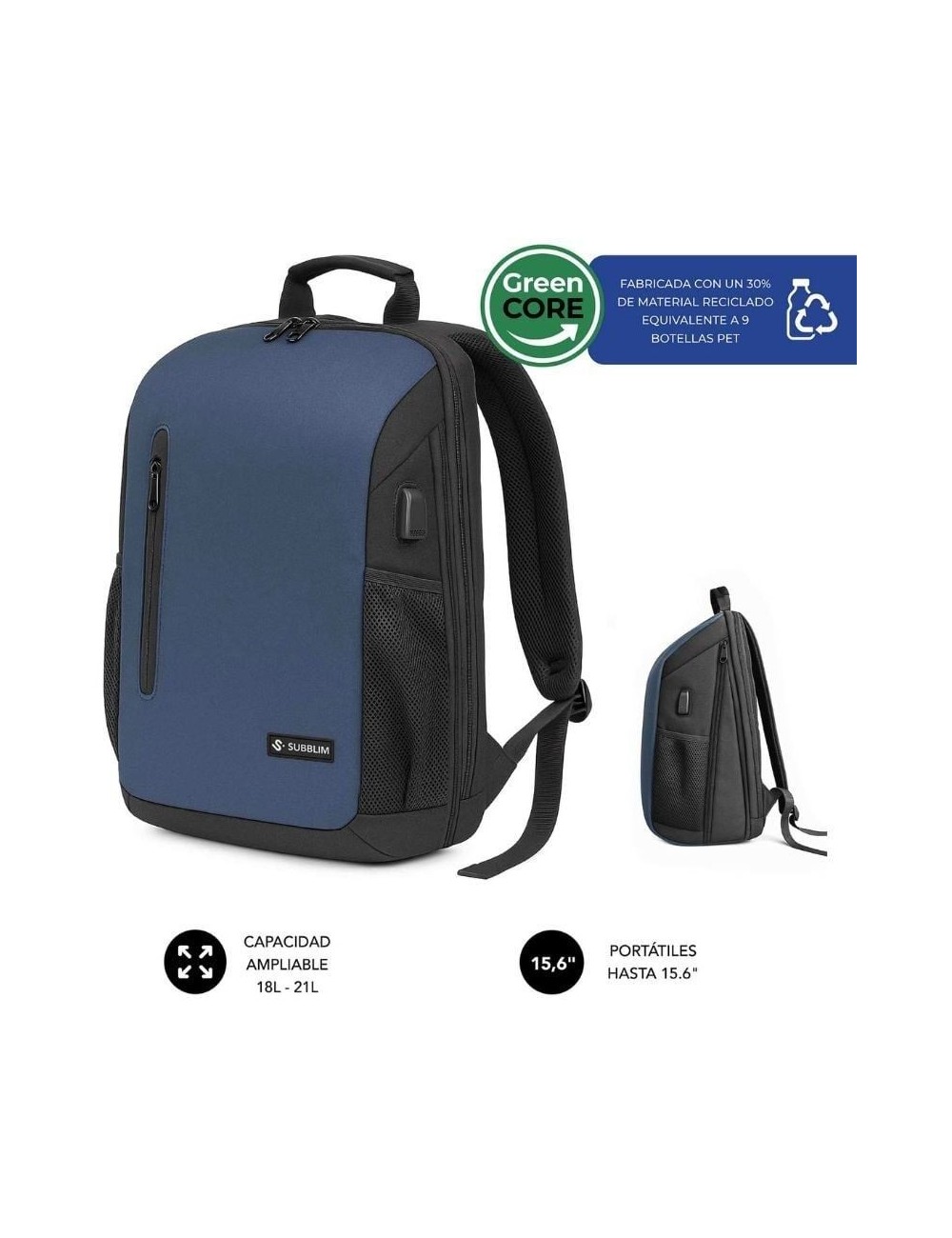 Mochila Subblim Xpand Air Padding Backpack para Portátiles hasta 15.6'/ 21L/ Puerto USB/ Azul