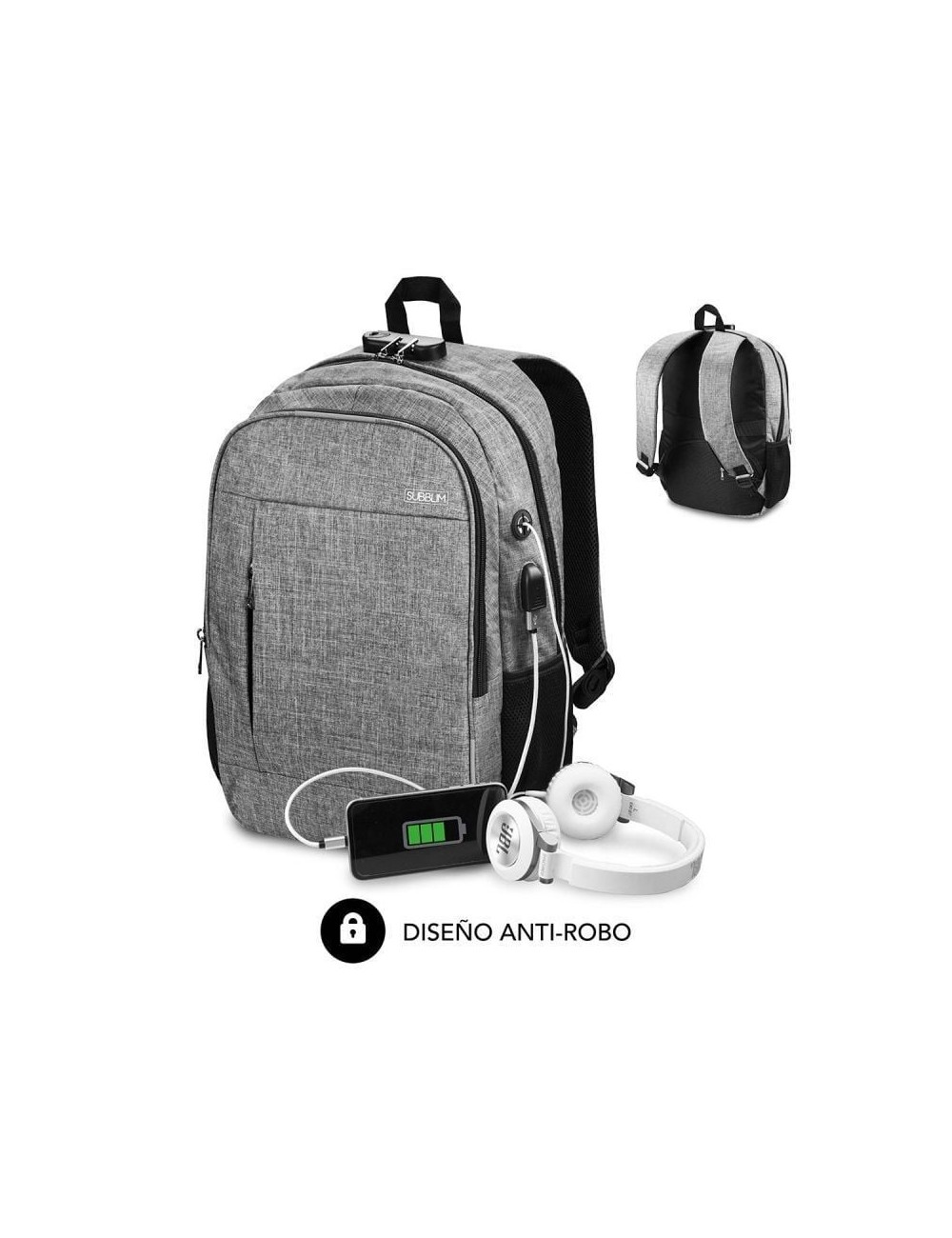 Mochila Subblim Urban Lock para Portátiles hasta 16'/ Puerto USB/ Antirrobo/ Gris