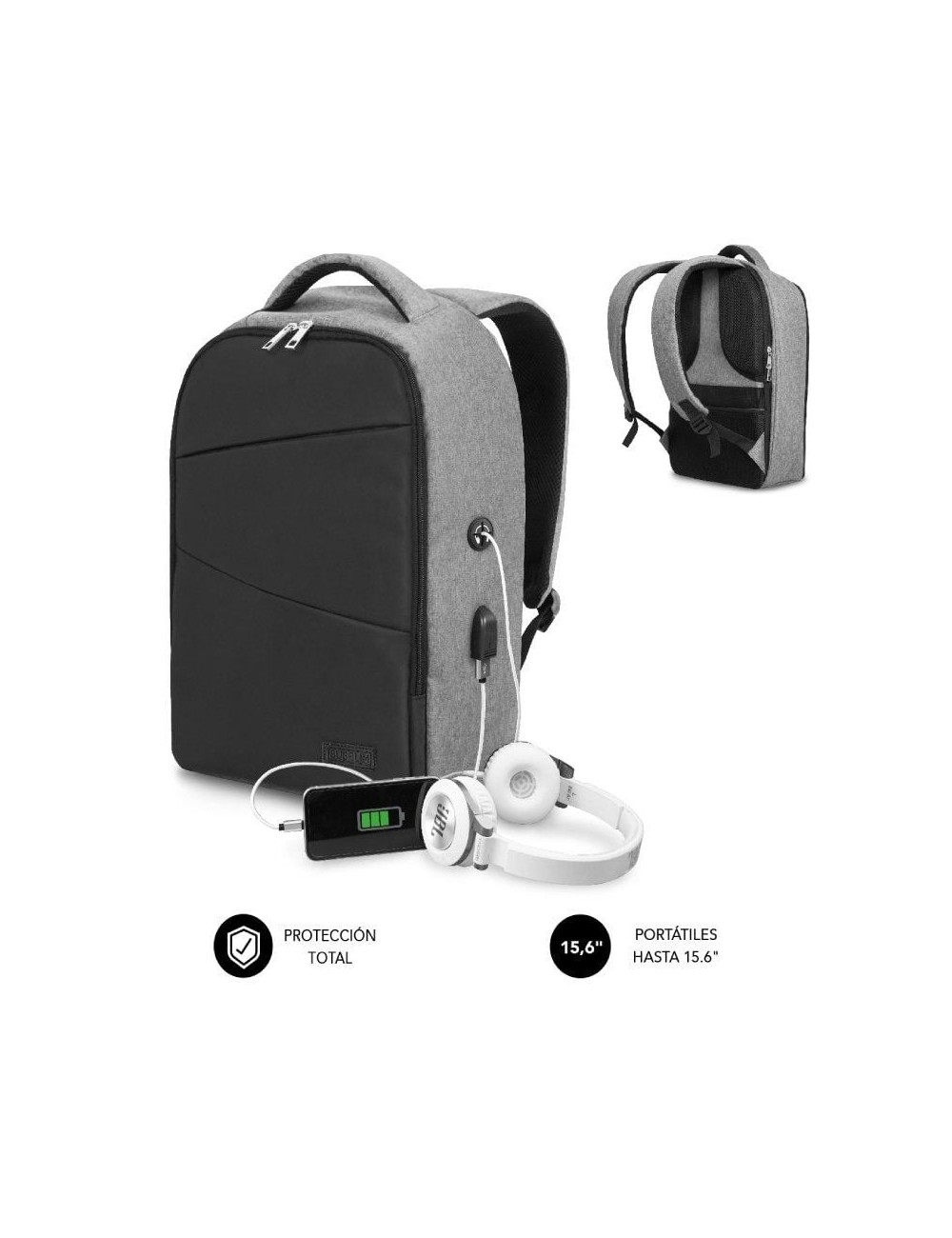 Mochila Subblim Secure V2 AP para Portátiles hasta 15.6'/ Puerto USB/ Antirrobo/ Gris