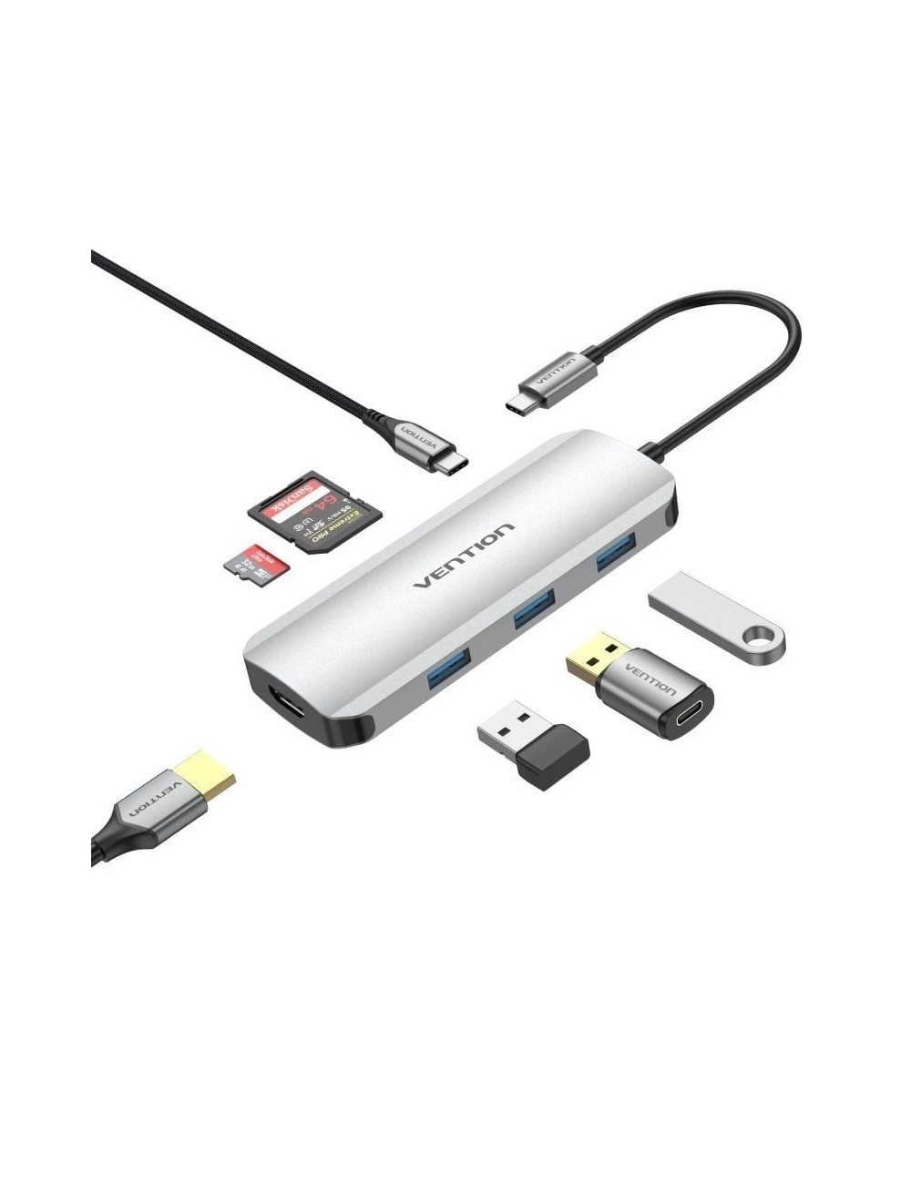 Docking USB Tipo-C Vention TOJHB/ 1xHDMI 4K/ 3xUSB/ 1xUSB Tipo-C/ 1xLector Tarjetas/ Gris