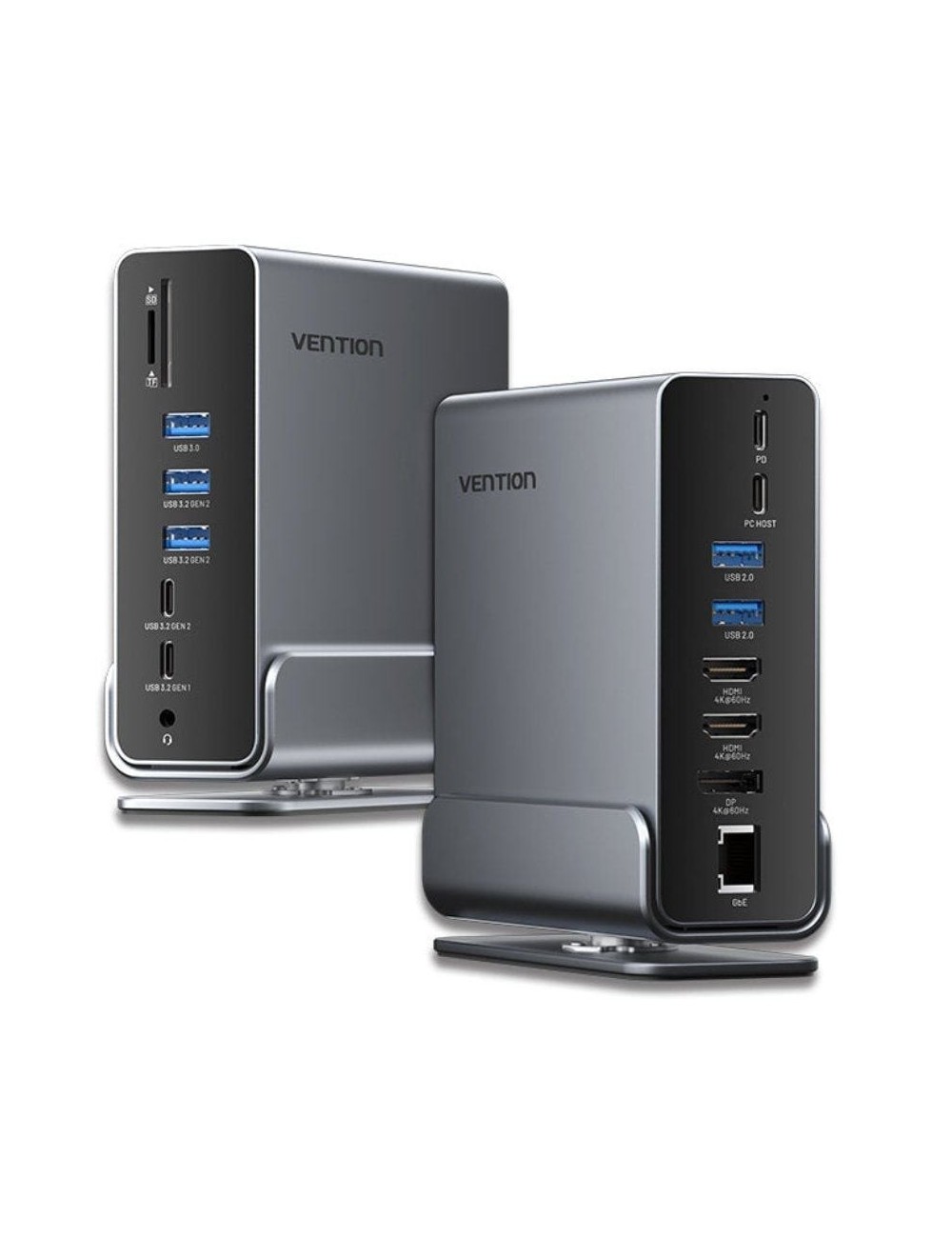 Docking USB Tipo-C Vention TPUH0/ 2xHDMI 4K/ 1xDisplayPort/ 3xUSB Tipo-C/ 5xUSB/ 1xRJ45/ 1xLector de Tarjetas/ 1xJack 3.5/ 1xUSB