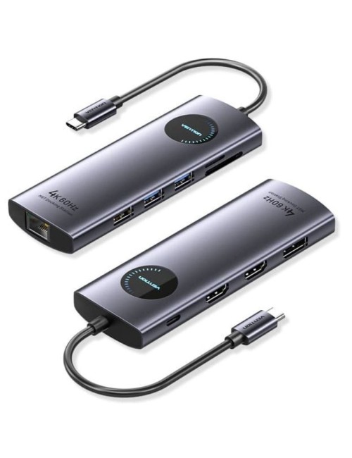 Docking USB Tipo-C Vention TQWHB/ 2xHDMI 4K/ 1xDisplayPort/ 3xUSB/ 1xUSB Tipo-C PD/ 1xRJ45/ 1xLector Tarjetas/ Gris
