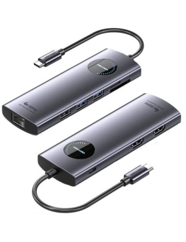 Docking USB Tipo-C Vention TQVHB/ 2xHDMI 4K/ 3xUSB/ 1xRJ45/ 1xLector de Tarjetas/ 1xUSB Tipo-C PD/ Gris