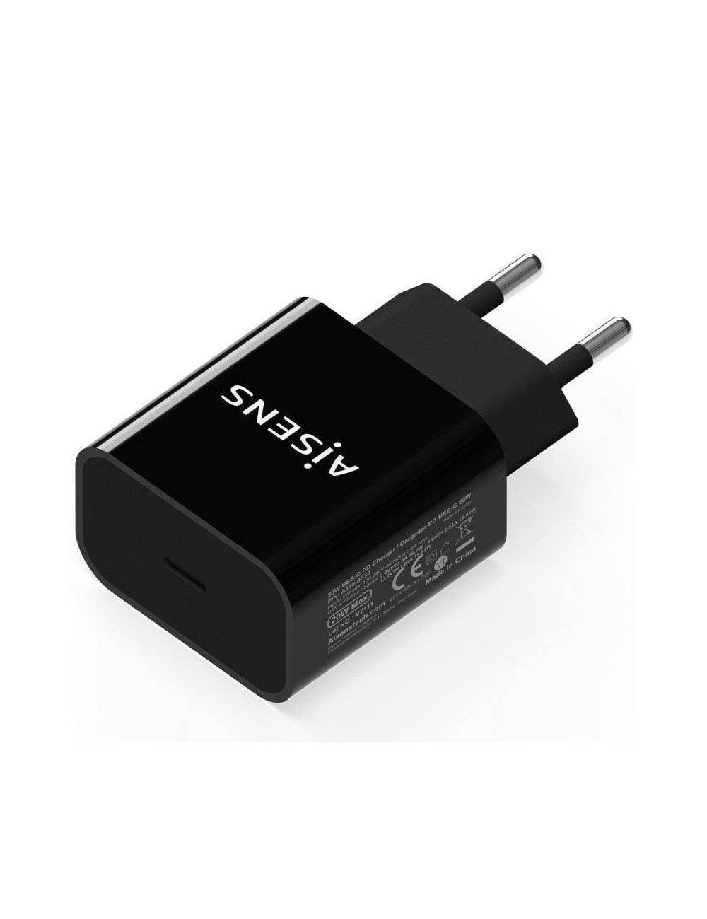 Cargador de Pared Aisens A110-0538/ 1xUSB Tipo-C PD3.0/ 20W/ Negro