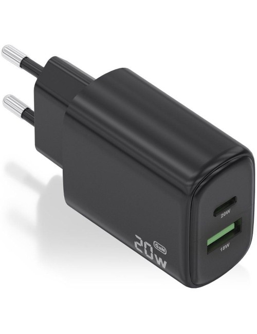 Cargador de Pared GaN Aisens A110-0910/ 1xUSB Tipo-C/ 1xUSB/ 20W/ Negro