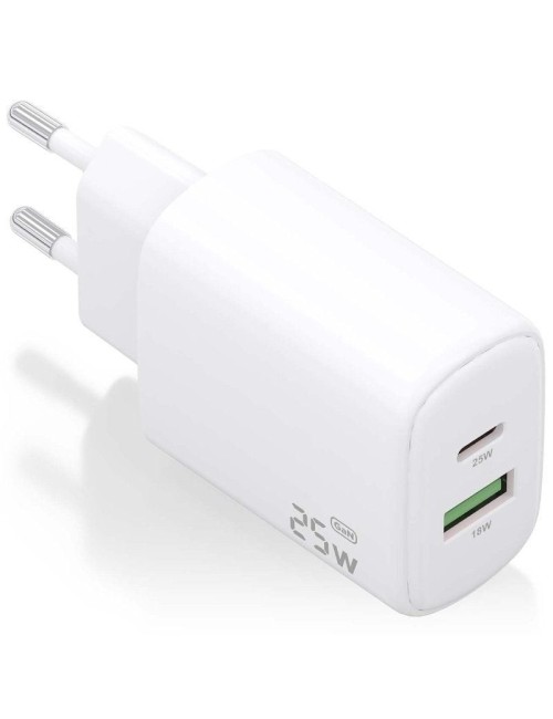 Cargador de Pared GaN Aisens A110-0911/ 1xUSB Tipo-C/ 1xUSB/ 25W/ Blanco