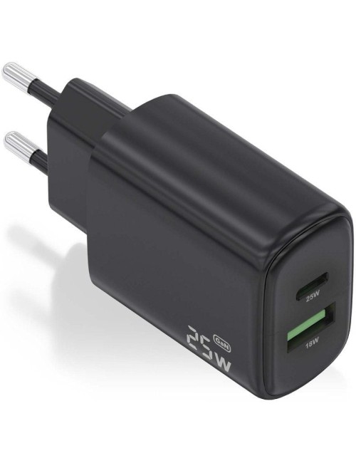 Cargador de Pared GaN Aisens A110-0912/ 1xUSB Tipo-C/ 1xUSB/ 25W/ Negro