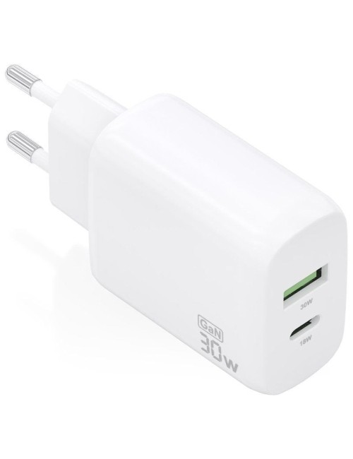 Cargador de Pared GaN Aisens A110-0923/ 1xUSB Tipo-C/ 1xUSB/ 30W/ Blanco