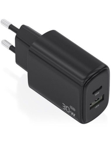 Cargador de Pared GaN Aisens A110-0978/ 1xUSB Tipo-C/ 1xUSB/ 30W/ Negro