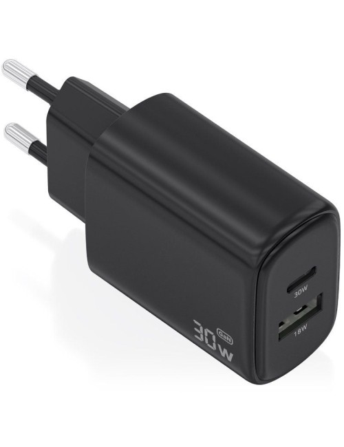 Cargador de Pared GaN Aisens A110-0978/ 1xUSB Tipo-C/ 1xUSB/ 30W/ Negro